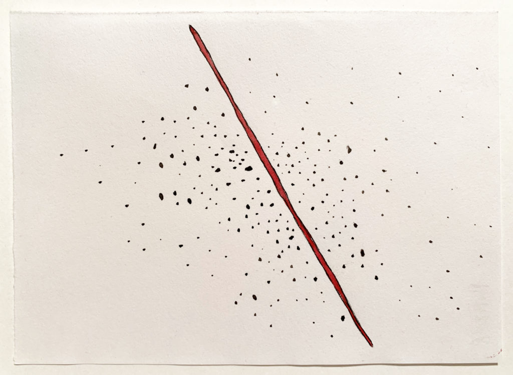 'Red Line' 2018, Ink pen, water colour on paper,21x17cm