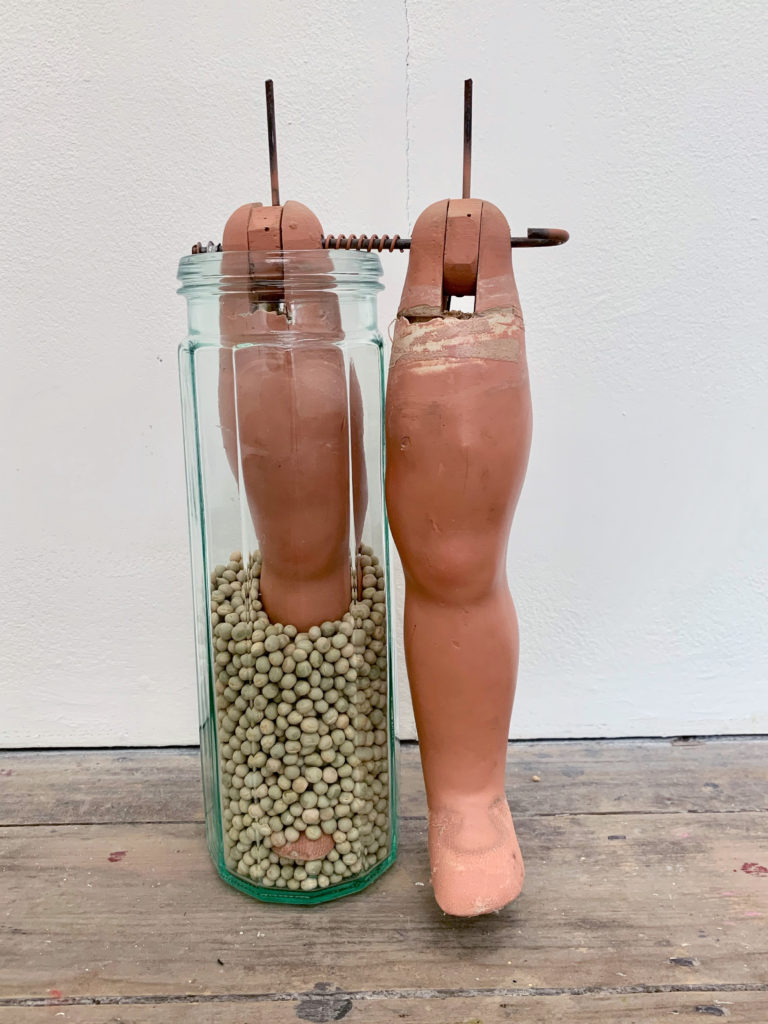 'Here I stand in a jar of peas' 2019, Mixed media, 38.5x17x11cm (sold)