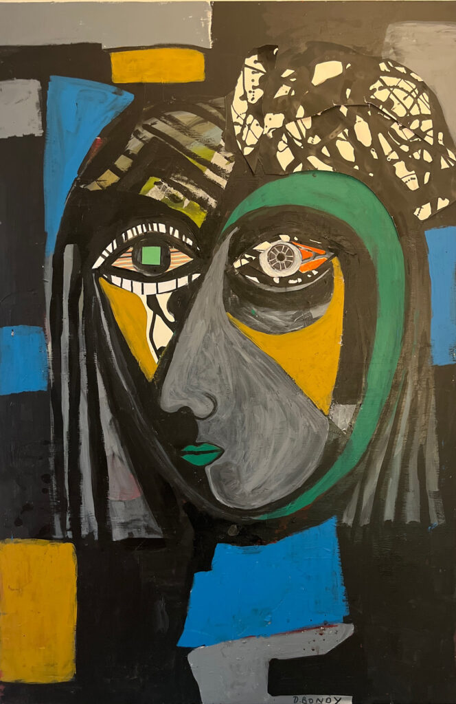 BONDY DOMINIQUE 'Nocturnal Woman' 2023 Acryl + Collage auf Leinwand 117 x 78 cm  (46 1/8 x 30 3/4 in.)
