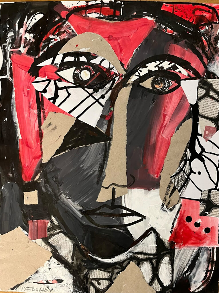 BONDY DOMINIQUE 'Le rouge et le noir' 2022 collage,acryl auf Papier 65 x 50 cm  (25 5/8 x 19 5/8 in.)
