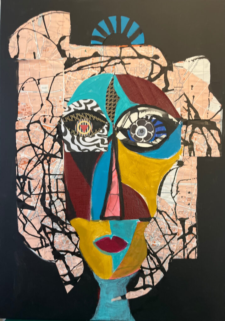 BONDY DOMINIQUE 'Entangled Woman' 2023 Acryl + Collage auf Leinwand 98 x 70 cm  (38 5/8 x 27 1/2 in.)
