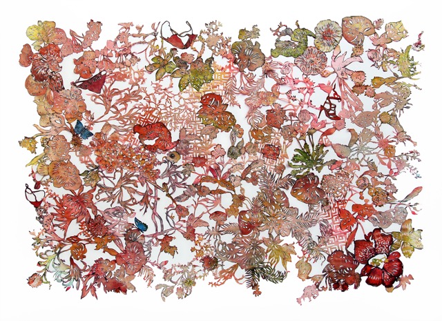 MARLIS SPIELMANN 'Süsse Posen im Herbst I'  2023 Scherenschnitte koloriert, gerahmt 90 x 120 cm  (35 3/8 x 47 1/4 in.)