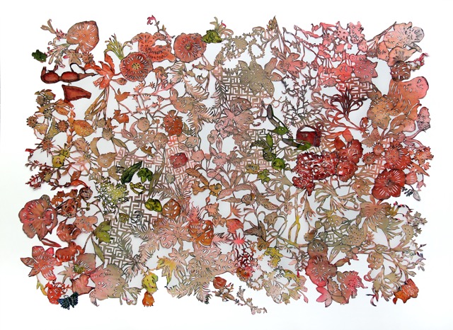 MARLIS SPIELMANN 'Süsse Posen im Herbst II'  2023 Scherenschnitte koloriert, gerahmt 90 x 120 cm  (35 3/8 x 47 1/4 in.)