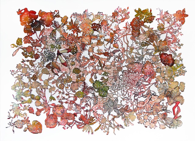 MARLIS SPIELMANN 'Süsse Posen im Herbst III' 2023 Scherenschnitte koloriert, gerahmt 90 x 120 cm  (35 3/8 x 47 1/4 in.)