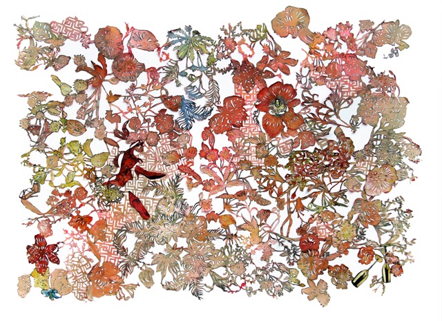 MARLIS SPIELMANN 'Süsse Posen im Herbst IV' 2023 Scherenschnitte koloriert, gerahmt 90 x 120 cm  (35 3/8 x 47 1/4 in.)