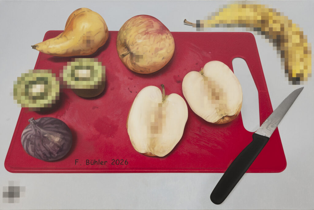 BÜHLER FLORIAN 'Schneidebrettchen (Comic Sans)' 2026 Oil in canvas 44 x 66 cm  (17 3/8 x 26  in.)