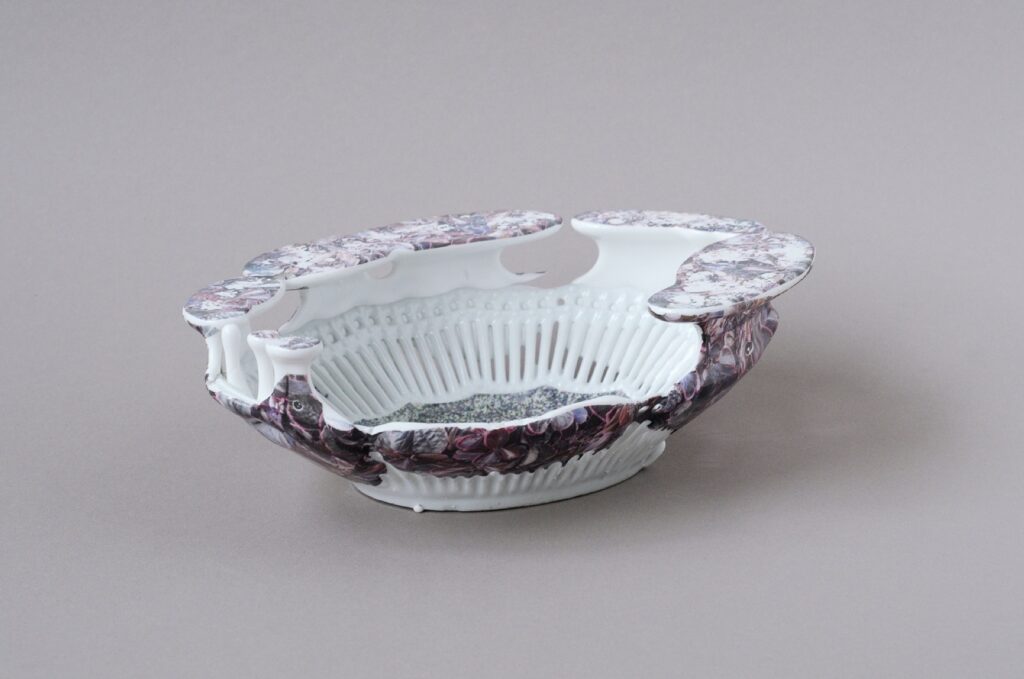 ESTELLE GASSMANN 'Park' 2021 Found porcelain bowl, porcelain/glaze, decals  after original photograph/digital print 27 x 19 x 9 cm  (10 5/8 x 7 1/2 x 3 1/2 in.)