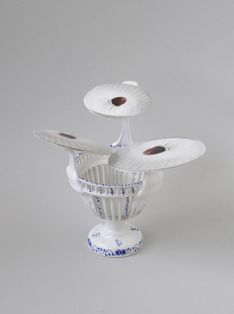 ESTELLE GASSMANN 'Fly Cap Apple' 2022 Found stoneware bowl, glaze/porcelain,  decals after original photograph/digital print 23 x 19 x 21 cm  (9  x 7 1/2 x 8 1/4 in.)