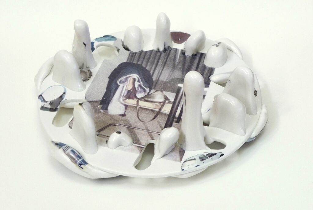 ESTELLE GASSMANN 'Clothes' 2014 Porcelain, glaze/porcelain/pigments,  decals after original graphics/photography 27 x 28 x 14 cm  (10 5/8 x 11  x 5 1/2 in.)