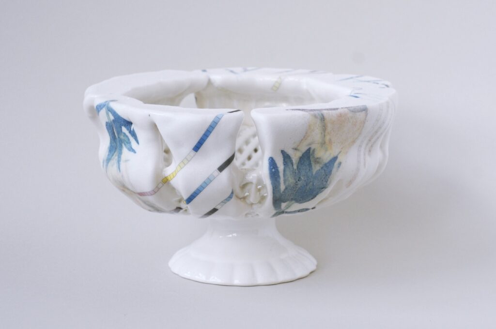 ESTELLE GASSMANN 'Gradient 2024 Found stoneware bowl, glaze/porcelain, decals after original photograph/digital print 26.5 x 27 x 16 cm  (10 3/8 x 10 5/8 x 6 1/4 in.)