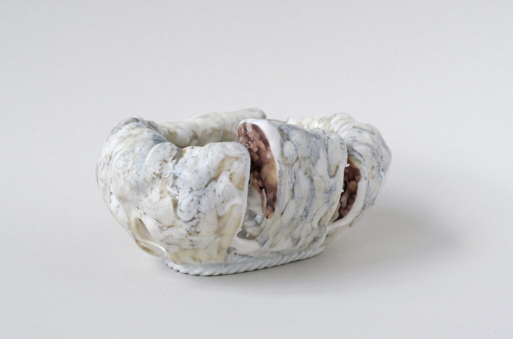 ESTELLE GASSMANN 'Pomelo ll' 2024 Found stoneware bowl, glaze/porcelain, decals  after original photograph/digital print 13.5 x 19.5 x 9.5 cm  (5 3/8 x 7 5/8 x 3 3/4 in.)