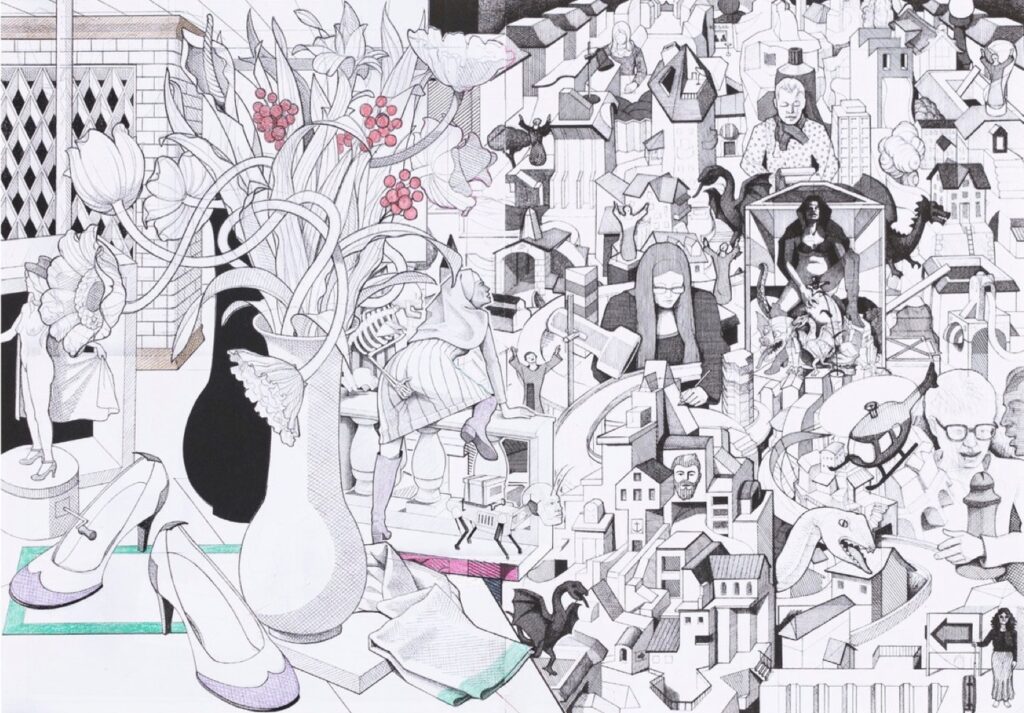 MAGARO VALENTIN 'Unsere kleine Stadt' 2024 Buntstift und Filzstift auf Papier/Collage 42 x 59 cm  (16 1/2 x 23 1/4 in.)