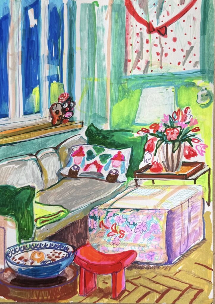 MARIA POMIANSKY 'Atelierbesuch bei Simone Fennel Nr. 2' 2026 Mischtechnik auf Papier 29.7 x 21 cm  (11 3/4 x 8 1/4 in.)