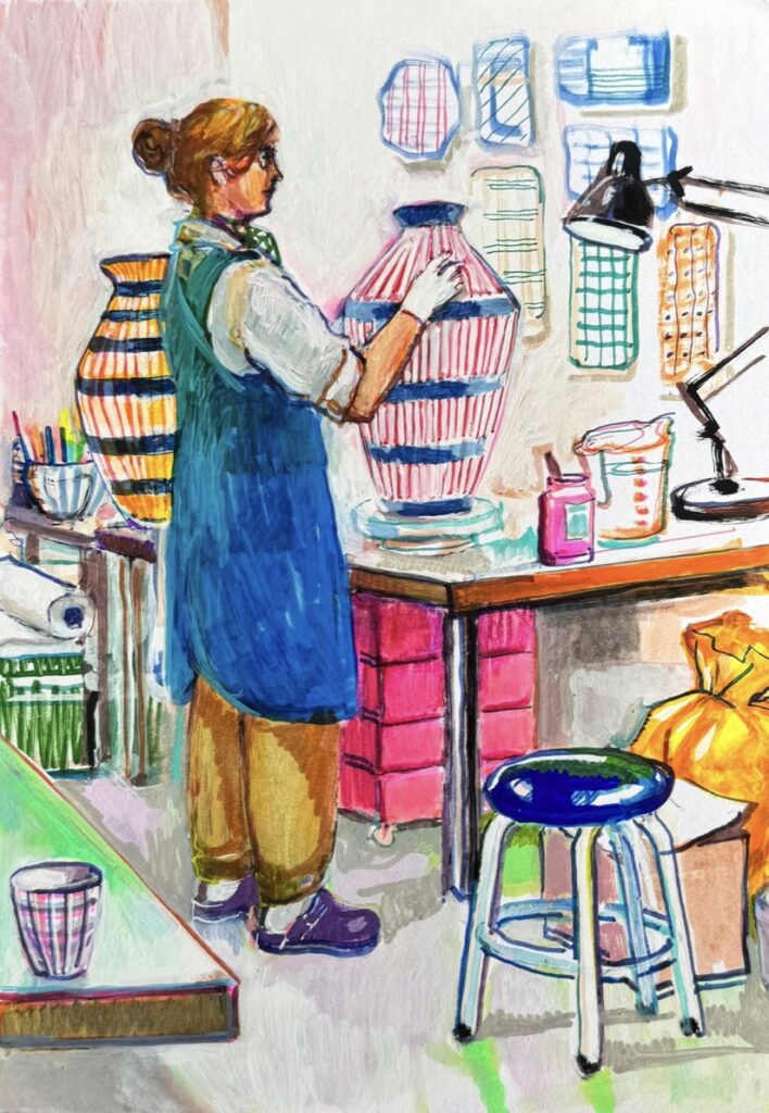 MARIA POMIANSKY 'Atelierbesuch bei Simone Fennel Nr. 3' 2026 Mischtechnik auf Papier 29.7 x 21 cm  (11 3/4 x 8 1/4 in.)