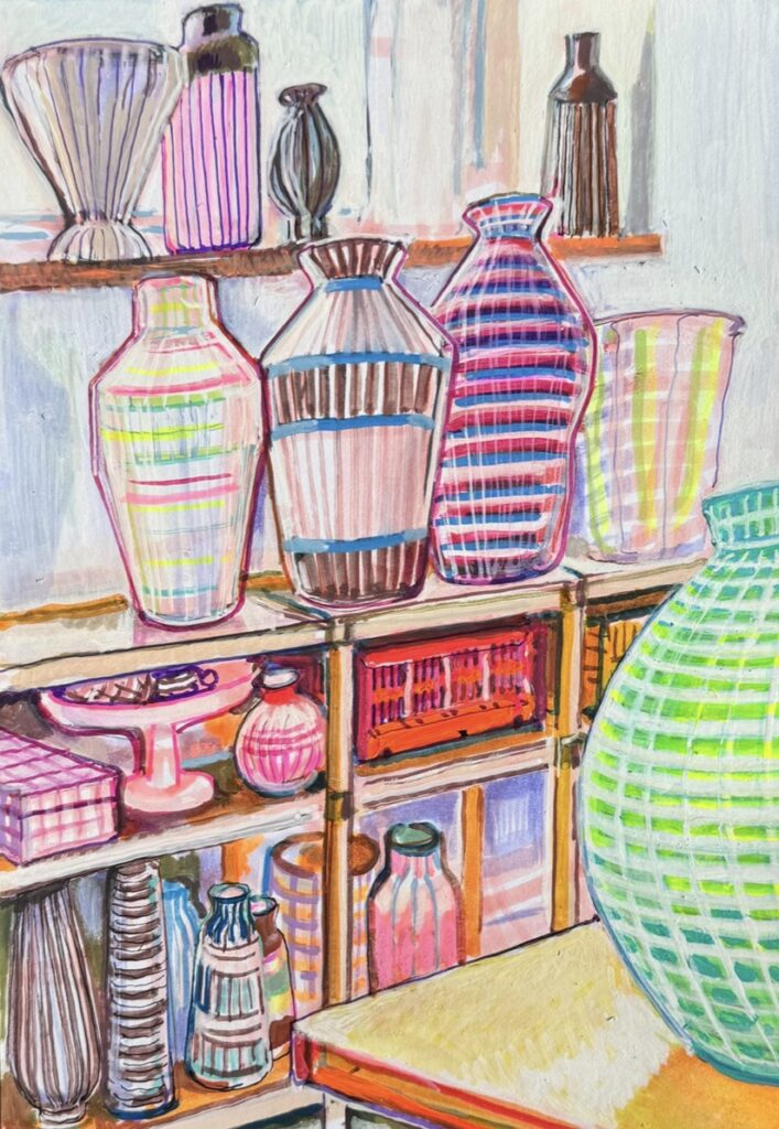 MARIA POMIANSKY 'Atelierbesuch bei Simone Fennel Nr. 4' 2026 Mischtechnik auf Papier 29.7 x 21 cm  (11 3/4 x 8 1/4 in.)