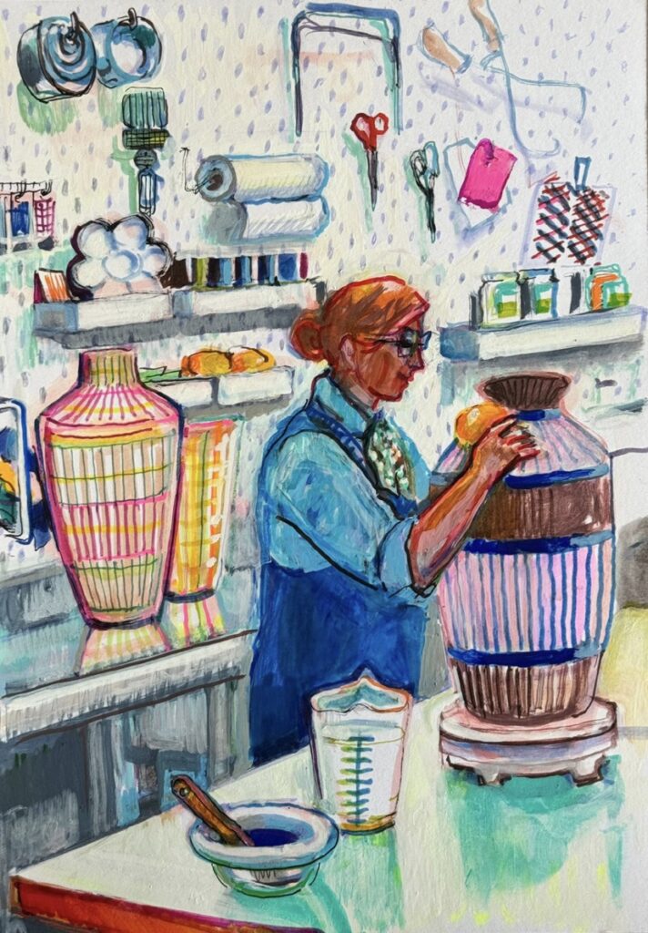 MARIA POMIANSKY ''Atelierbesuch bei Simone Fennel Nr. 5' 2026 Mischtechnik auf Papier 29.7 x 21 cm  (11 3/4 x 8 1/4 in.)