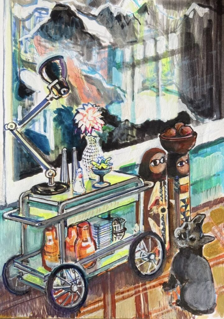 MARIA POMIANSKY 'Atelierbesuch bei Simone Fennel Nr. 6' 2026 Mischtechnik auf Papier 29.7 x 21 cm  (11 3/4 x 8 1/4 in.)