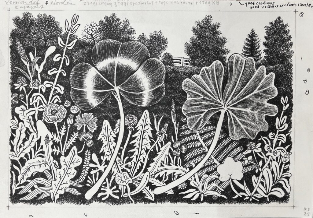 KAROLINE SCHREIBER 'Kleeblatt' (Eingangshof) 2024/2025 Fineliner, Bleistift auf Papier 21.5 x 29.7 cm  (8 1/2 x 11 3/4 in.)