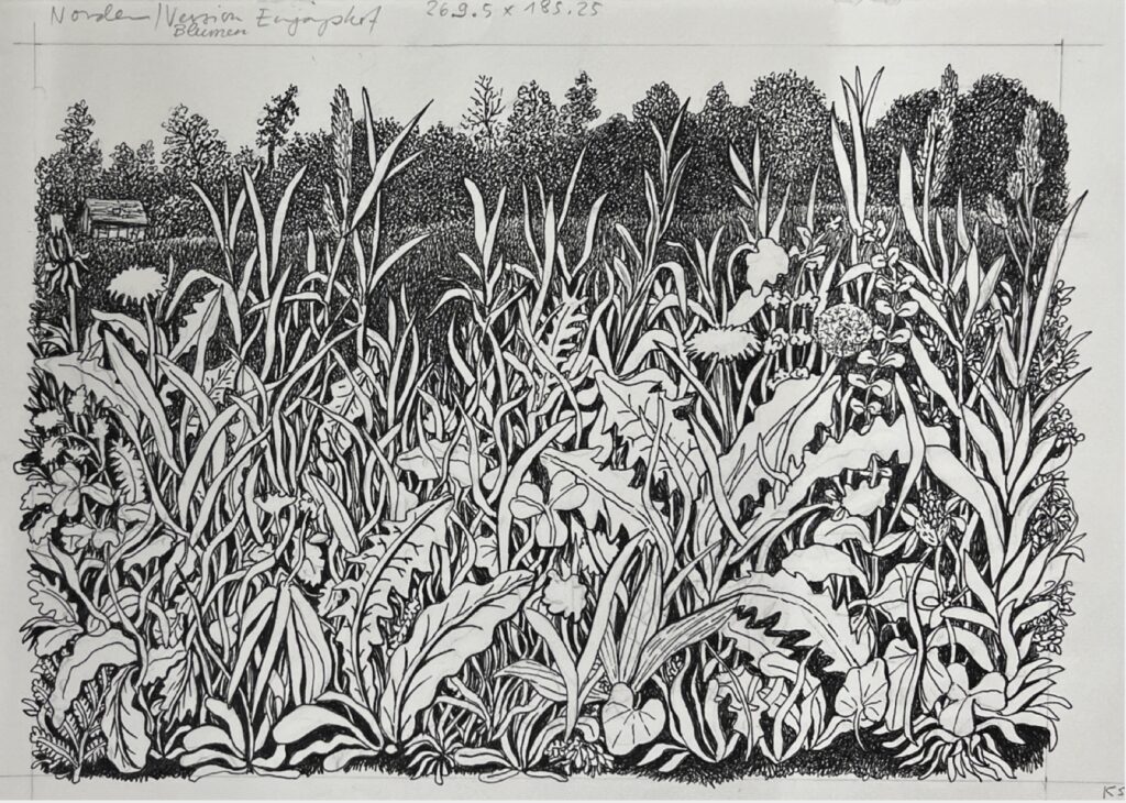 KAROLINE SCHREIBER 'Blumenwiese' (Eingangshof) 2024/2025 Fineliner, Bleistift auf Papier 21.5 x 29.7 cm  (8 1/2 x 11 3/4 in.)